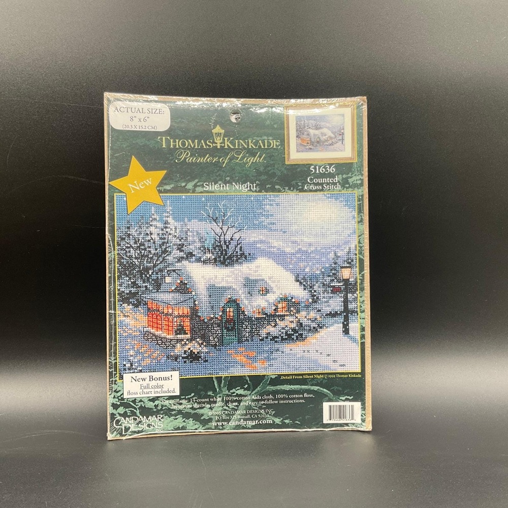 Thomas Kinkade Silent Night Cross Stitch Kit Candamar 51636 Snowy Cottage Scene